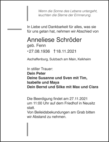 Traueranzeige von Anneliese Schröder von Ansbach