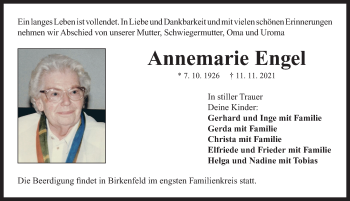 Traueranzeige von Annemarie Engel von Neustadt/ Scheinfeld/ Uffenheim