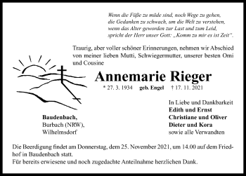 Traueranzeige von Annemarie Rieger von Neustadt/ Scheinfeld/ Uffenheim