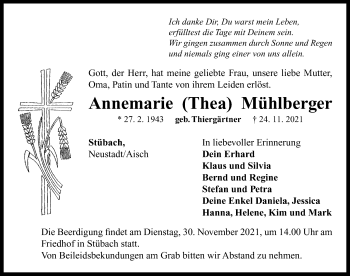 Traueranzeige von Annemarie Thea Mühlberger von Neustadt/ Scheinfeld/ Uffenheim