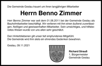 Traueranzeige von Benno Zimmer von Rothenburg