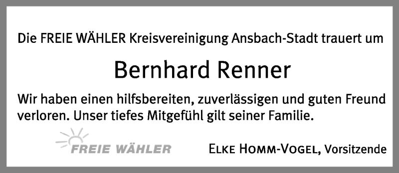  Traueranzeige für Bernhard Renner vom 26.11.2021 aus Ansbach