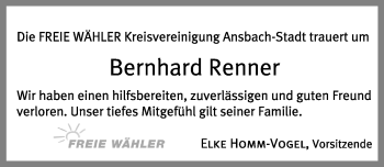 Traueranzeige von Bernhard Renner von Ansbach