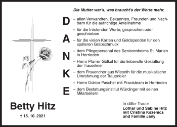 Traueranzeige von Betty Hitz von Dinkelsbühl/ Feuchtwangen