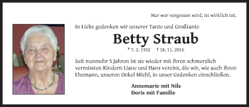 Traueranzeige von Betty Straub von Neustadt/ Scheinfeld/ Uffenheim