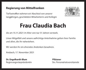 Traueranzeige von Claudia Bach von Ansbach