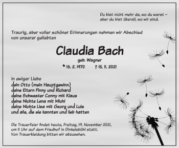 Traueranzeige von Claudia Bach von Dinkelsbühl/ Feuchtwangen