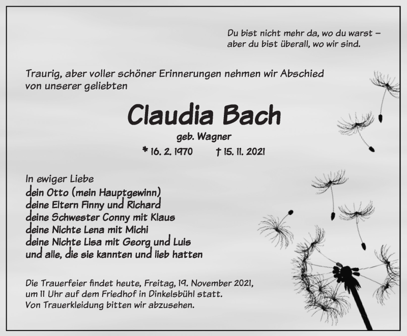  Traueranzeige für Claudia Bach vom 19.11.2021 aus Dinkelsbühl/ Feuchtwangen