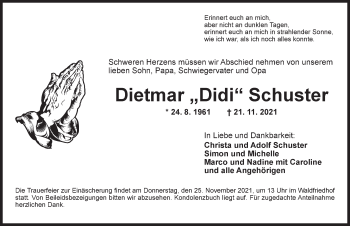 Traueranzeige von Dietmar Schuster von Ansbach