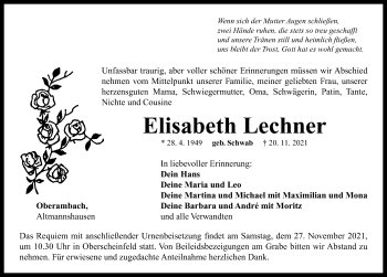 Traueranzeige von Elisabeth Lechner von Neustadt/ Scheinfeld/ Uffenheim