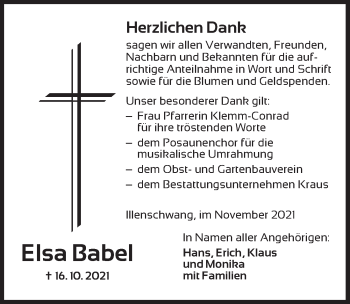 Traueranzeige von Elsa Babel von Dinkelsbühl/ Feuchtwangen