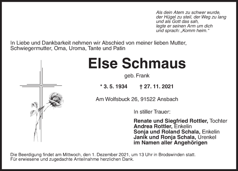  Traueranzeige für Else Schmaus vom 29.11.2021 aus Ansbach