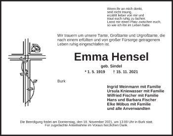 Traueranzeige von Emma Hensel von Dinkelsbühl/ Feuchtwangen