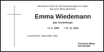 Traueranzeige von Emma Wiedemann von Dinkelsbühl/ Feuchtwangen