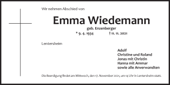 Traueranzeige von Emma Wiedemann von Dinkelsbühl/ Feuchtwangen