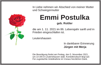 Traueranzeige von Emmi Postulka von Ansbach