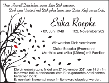 Traueranzeige von Erika Roepke von Dinkelsbühl/ Feuchtwangen