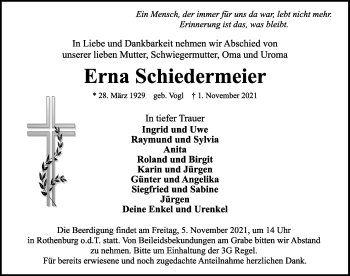 Traueranzeige von Erna Schiedermeier von Rothenburg