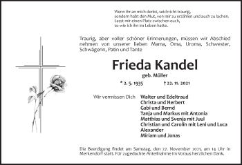 Traueranzeige von Frieda Kandel von Ansbach