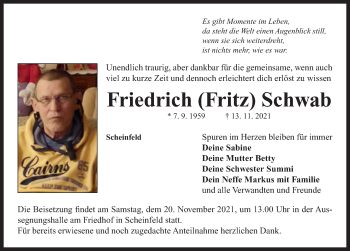 Traueranzeige von Friedrich Schwab von Neustadt/ Scheinfeld/ Uffenheim