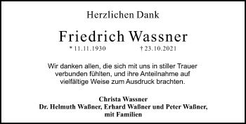 Traueranzeige von Friedrich Wassner von Ansbach