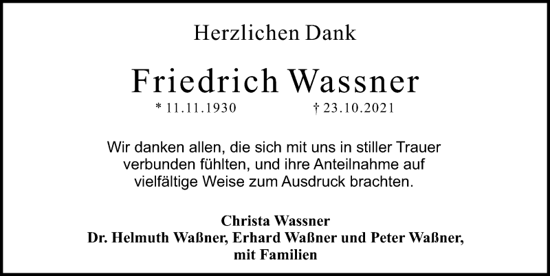 Traueranzeige für Friedrich Wassner vom 20.11.2021 aus Ansbach