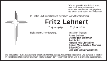 Traueranzeige von Fritz Lehnert von Ansbach