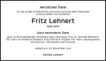 Traueranzeige von Fritz Lehnert von Ansbach