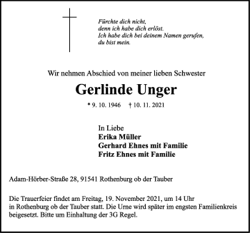 Traueranzeige von Gerlinde Unger von Rothenburg