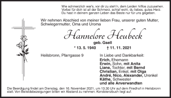 Traueranzeige von Hannelore Heubeck von Ansbach