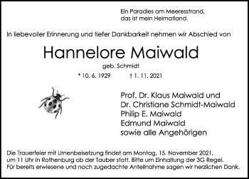 Traueranzeige von Hannelore Maiwald von Rothenburg