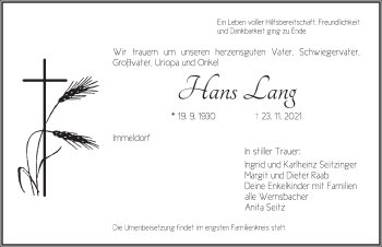 Traueranzeige von Hans Lang von Ansbach