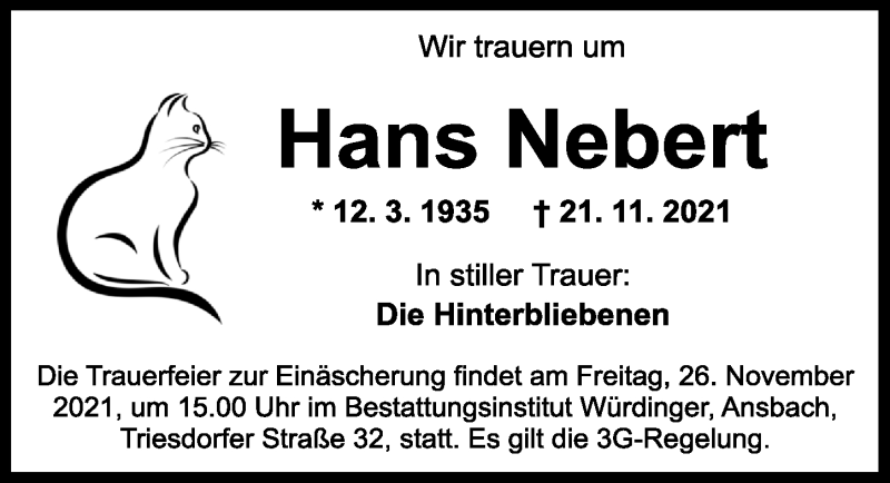  Traueranzeige für Hans Nebert vom 24.11.2021 aus Ansbach