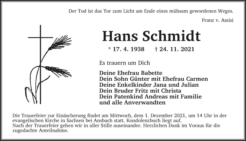  Traueranzeige für Hans Schmidt vom 29.11.2021 aus Ansbach