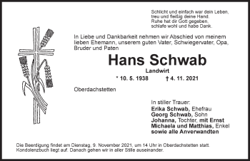 Traueranzeige von Hans Schwab von Ansbach