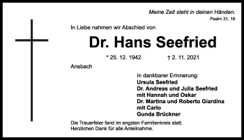 Traueranzeige von Hans Seefried von Ansbach