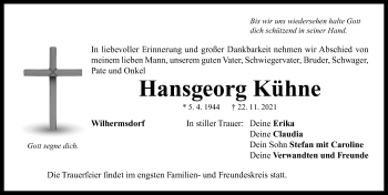 Traueranzeige von Hansgeorg Kühne von Neustadt/ Scheinfeld/ Uffenheim