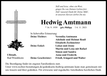 Traueranzeige von Hedwig Amtmann von Neustadt/ Scheinfeld/ Uffenheim