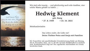 Traueranzeige von Hedwig Klement von Ansbach