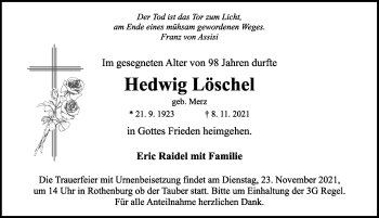 Traueranzeige von Hedwig Löschel von Rothenburg