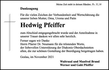 Traueranzeige von Hedwig Pfeiffer von Ansbach