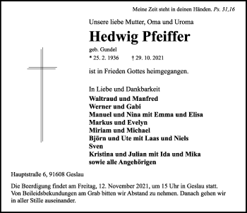 Traueranzeige von Hedwig Pfeiffer von Ansbach