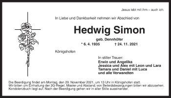 Traueranzeige von Hedwig Simon von Dinkelsbühl/ Feuchtwangen