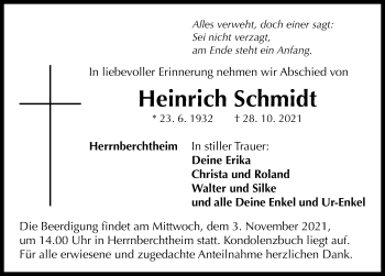 Traueranzeige von Heinrich Schmidt von Neustadt/ Scheinfeld/ Uffenheim