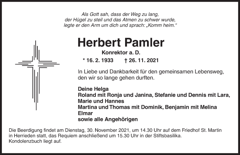  Traueranzeige für Herbert Pamler vom 29.11.2021 aus Ansbach
