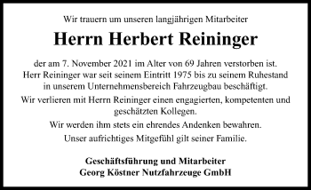 Traueranzeige von Herbert Reininger von Neustadt/ Scheinfeld/ Uffenheim