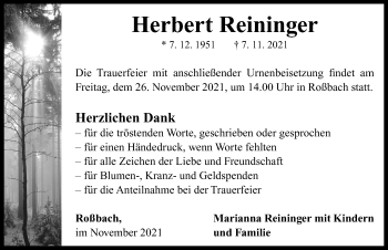 Traueranzeige von Herbert Reininger von Neustadt/ Scheinfeld/ Uffenheim