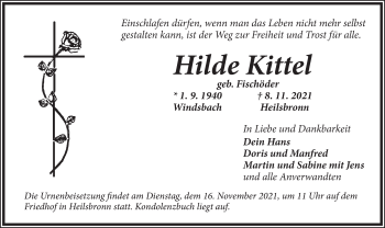 Traueranzeige von Hilde Kittel von Ansbach