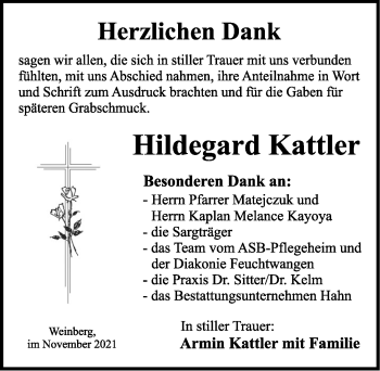 Traueranzeige von Hildegard Kattler von Ansbach