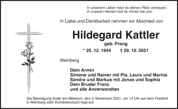 Traueranzeige von Hildegard Kattler von Ansbach